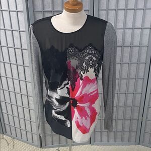 Tristan Black and Pink Floral Lace Blouse, Women’s Medium